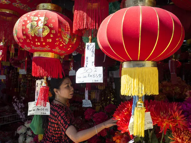 A Malaysian ethic Chinese woman checks out Chinese Lunar New Year's decoration at a store in Kuala Lumpur, Malaysia, Thursday, January 15, 2015.  The Lunar New Year this year marks the Year of the Goat in the Chinese calendar. (Photo by Joshua Paul/AP Photo)