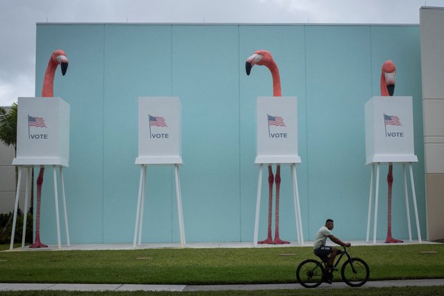 Dummy flamingos are seen outside the Palm Beach County Supervisor of Elections during the 2024 U.S. presidential election on Election Day  in West Palm Beach, Florida on November 5, 2024. (Photo by Marco Bello/Reuters)
