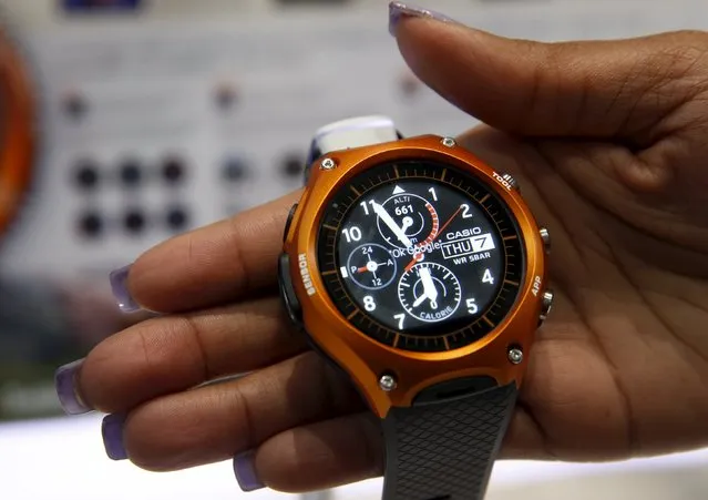 A Casio WSD-F10 Smart Outdoor Watch is displayed during the 2016 CES trade show in Las Vegas, Nevada January 7, 2016. The Android Wear watch, which links with a smartphone, has sensors for air pressure and altitude, and has a built-in accelerometer,  compass and gyrometer. (Photo by Steve Marcus/Reuters)