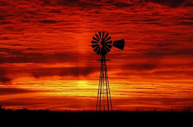 The sun rises behind a windmill in a pasture near Blackwell, Oklahoma, USA, 09 October 2016. (Photo by Larry W. Smith/EPA)