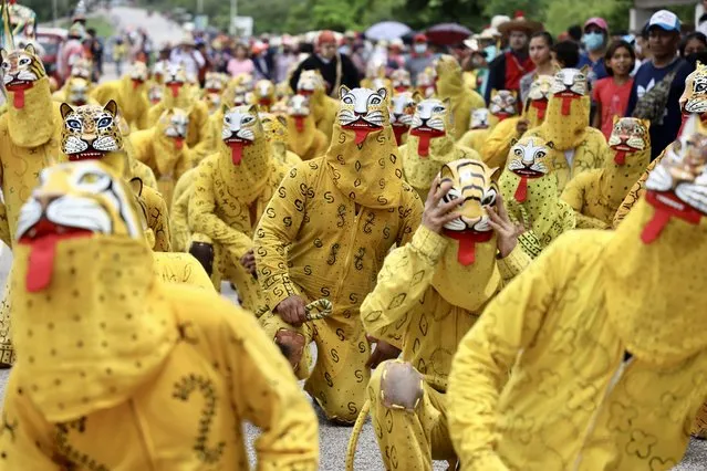 The Corpus Christi festivities begin today, after more than two years of closure due to COVID-19, in honor of the Blessed Sacrament of the Altar of Suchiapa, Chiapas, in Mexico on June 14, 2022. People perform the traditional ritual; a meeting between Los Tigres (men in yellow suits) and Los Chamulas (men dressed in traditional attire). The activities will include from June 14 to 26, in which the traditional “Danza del Calala” is included. (Photo by Jacob Garcia/Anadolu Agency via Getty Images)