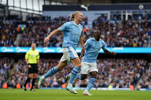 Manchester City's Erling Haaland celebrates scoring their side's second goal of the game during the Premier League match at the Etihad Stadium, Manchester on Saturday, October 21, 2023. (Photo by Tim Goode/PA Wire)