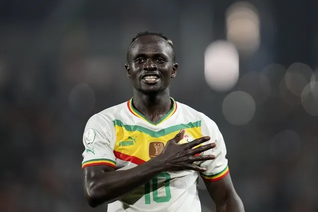 Senegal's Sadio Mane celebrate after scoring his side's third goal during the African Cup of Nations Group C soccer match between Senegal and Cameroon, at the Charles Konan Banny stadium in Yamoussoukro, Ivory Coast, Friday, January 19, 2024. (Photo by Sunday Alamba/AP Photo)