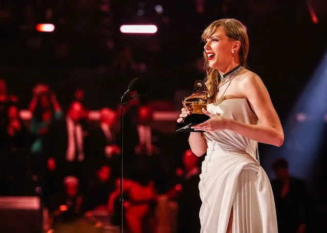 American singer-songwriter Taylor Swift accepts the Album Of The Year award for “Midnights” during the 66th GRAMMY Awards on February 04, 2024 in Los Angeles, California. (Photo by John Shearer/Getty Images for The Recording Academy)