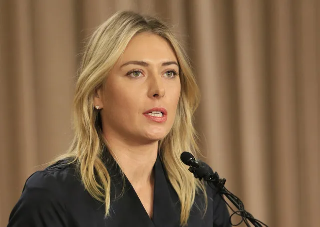 In this March 7, 2016, file photo, Maria Sharapova speaks about her failed drug test during a news conference in Los Angeles. International Tennis Federation president David Haggerty Wednesday April 20, 2016 said a disciplinary hearing is scheduled in Maria Sharapova's doping case, with a ruling possible before Wimbledon. Haggerty told reporters the independent Tennis Integrity Unit typically takes “two to three months” to process a case. That would suggest a verdict in June. (Photo by Damian Dovarganes/AP Photo)