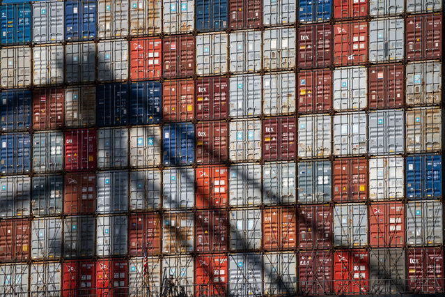 Shipping containers on the GSL Grania, docked at the Garden City Port Terminal on November 12, 2021 in Garden City, Georgia. The terminal recently completed construction of the Mason Mega Rail Station, doubling the Port of Savannahs rail lift capacity to one million containers per year. (Photo by Sean Rayford/Getty Images)