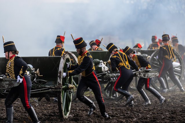 The King's Troop Royal Horse Artillery takes part a display known as the Musical Drive on March 14, 2023 in London, United Kingdom. The King's Troop Royal Horse Artillery takes part in the Major General's Inspection, marking the final preparations for an unprecedentedly busy State Ceremonial season ahead. (Photo by Carl Court/Getty Images)