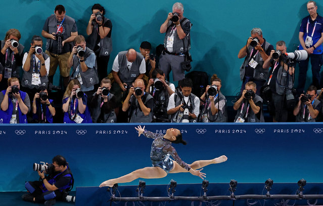 Sunisa Lee, from the United States, performs an artistic gymnastics routine during women’s qualification rounds at the  Bercy Arena, Paris on July 28, 2024. (Photo by Athit Perawongmetha/Reuters)