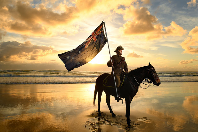 Chris Kennedy and his horse Chaos pose for photos on Currumbin Beach ahead of Australian and New Zealand Army Corps (ANZAC) Day on the Gold Coast, Australia, 23 April 2019 (issued 24 April 2019). Anzac Day, held annually on 25 April, is a national day of remembrance across Australia and New Zealand, which commemorates the people who lost their lives or served in wars and conflicts. The day coincides with the first landing of the Anzacs at Gallipoli, Turkey, in World War One. (Photo by Dave Hunt/EPA/EFE)
