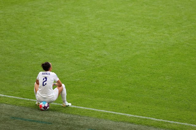 Lucy Bronze of England looks on during the UEFA Women's Euro 2022 final match between England and Germany at Wembley Stadium on July 31, 2022 in London, England. (Photo by Julian Finney -–The FA/The FA via Getty Images)