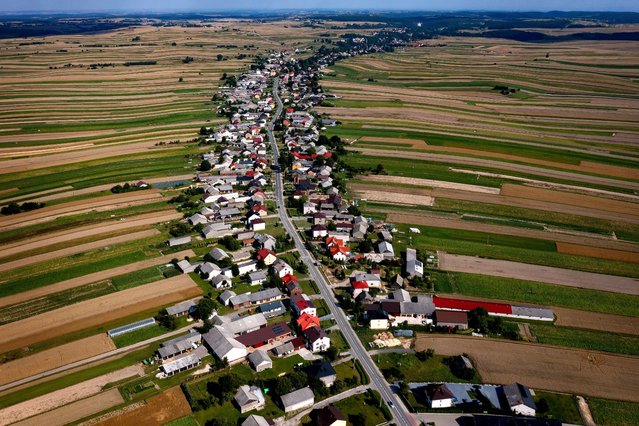 An aerial picture taken with a drone shows farmlands in Suloszowa village, southern Poland, 03 August 2022. (Photo by Lukasz Gagulski/EPA/EFE/Rex Features/Shutterstock)