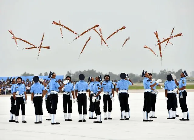 Indian Air Force personnel perform a march-past during 90th anniversary celebrations of Indian Air Force (IAF) at the Air Force Station in Chandigarh,India on October 08, 2022. (Photo by Imtiyaz Khan/Anadolu Agency via Getty Images)