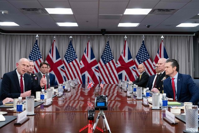 US Secretary of Defense Pete Hegseth (R) meets with British Secretary of State for Defence John Healey (L) at the Pentagon in Washington, DC, on March 6, 2025. (Photo by Saul Loeb/AFP Photo)