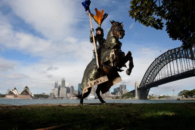 Two-time World Medieval Jousting champion Rod Walker poses for a photograph on his horse “Crusader” in Sydney, Australia, August 26, 2016. Walker is in Sydney training for the jousting tournament at the upcoming St Ives Medieval Faire, the only solid wood lance joust tournament in the southern hemisphere, which will take place on the September 24-25. (Photo by Dan Himbrechts/Reuters/AAP)