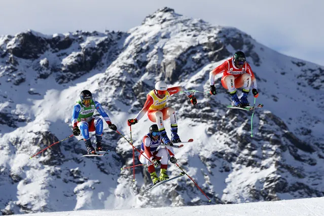 Jonas Lenherr of Team Switzerland, Joos Berry of Team Switzerland, Youri Duplessis Kergomard of Team France, Tristan Takats in action during the FIS Freestyle Ski World Cup Men's and Women's Ski Cross on December 08, 2022 in Val Thorens, France. (Photo by Alexis Boichard/Agence Zoom/Getty Images)