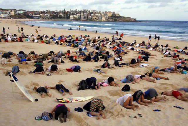 A group of around 400 demonstrators participate in a protest by burying their heads in the sand at Sydney's Bondi Beach November 13, 2014. (Photo by David Gray/Reuters)