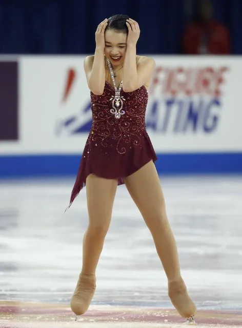 Karen Chen of the U.S. reacts at the end of her short program during the ladies singles short program at the Skate America figure skating competition in Milwaukee, Wisconsin October 23, 2015. (Photo by Lucy Nicholson/Reuters)
