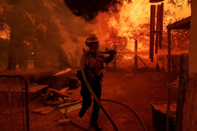 A firefighter battles flames from the Canyon Fire on August 7, 2025 in Castaic, California. (Photo by Eric Thayer/Getty Images)