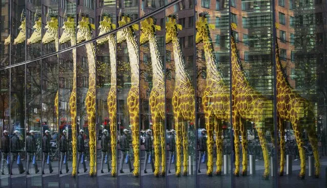 A giraffe made of Lego bricks is reflected in a glass front of a house in Berlin November 7, 2014. (Photo by Hannibal Hanschke/Reuters)