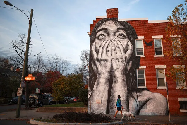 A person walks a dog past an art mural on the side of a residential building, in Richmond, Virginia, U.S. November 21, 2020. (Photo by Hannah McKay/Reuters)