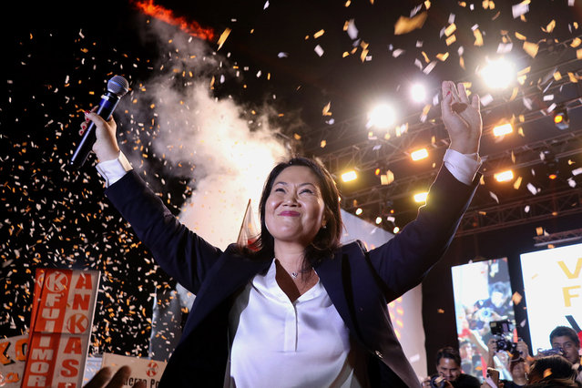 Keiko Fujimori, daughter and political heir of former Peruvian president Alberto Fujimori, reacts during an event where she announced her fourth candidacy for the presidency of Peru, in Trujillo, Peru, 30 October 2025. (Photo by Ivan Orbegoso/EPA)