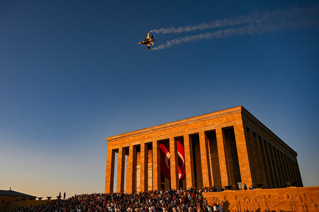 The Turkish Air Force's aerobatic team, SOLOTURK, performs an aerial display over Anitkabir, mausoleum of Turkish Republic's Founder Mustafa Kemal Ataturk, in Ankara, Turkiye as part of the August 30 Victory Day celebrations on August 30, 2025. (Photo by Muhammed Abdullah Kurtar/Anadolu via Getty Images)