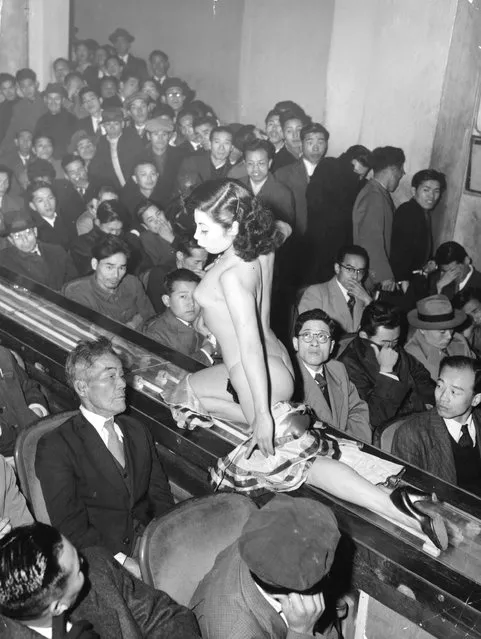 1957:  A stripper at a Tokyo striptease show is taken past the audience on a moving plastic conveyor belt, which is lit from underneath by neon lights.  (Photo by Keystone/Getty Images)