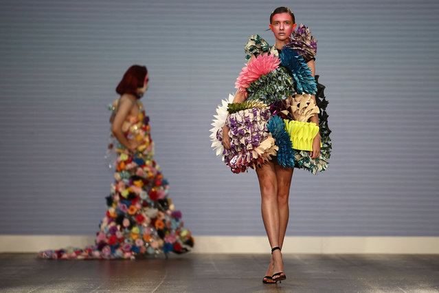 Models present creations during a catwalk presentation for the Buerlangma Spring/Summer 2024 collection, at London Fashion Week in London, on September 13, 2024. (Photo by Henry Nicholls/AFP Photo)