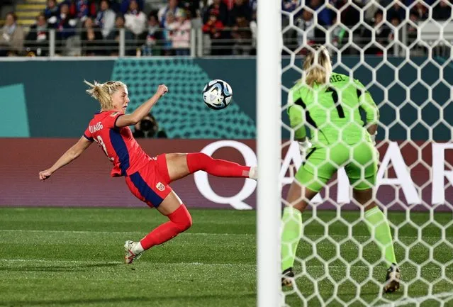 Sophie Roman Haug of Norway scores their sides first goal during the FIFA Women's World Cup Australia & New Zealand 2023 Group A match between Norway and Philippines at Eden Park on July 30, 2023 in Auckland / Tāmaki Makaurau, New Zealand. (Photo by David Rowland/Reuters)