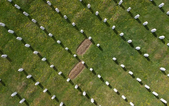 An aerial view of the Srebrenica-Potocari Genocide Memorial Center in Bosnia and Herzegovina on April 16, 2021. (Photo by Dado Ruvic/Reuters)