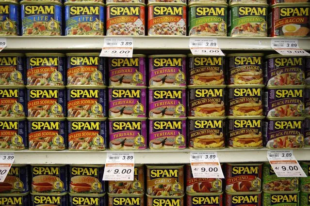 A large selection of Spam, a canned ham product beloved in Hawaii, fills the shelves at Malama Market in Haleiwa, Hawaii December 30, 2015. (Photo by Jonathan Ernst/Reuters)