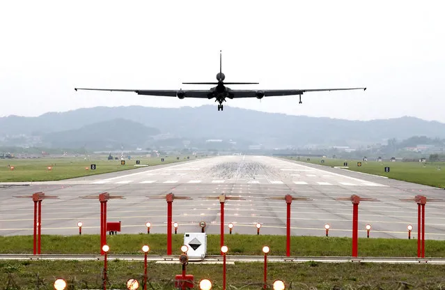 A U.S. Air Force U-2 spy plane prepares to land as South Korea and the United States conduct the Max Thunder joint military exercise at the Osan U.S. Air Base in Pyeongtaek, South Korea, Wednesday, May 16, 2018. North Korea on Wednesday canceled a high-level meeting with South Korea and threatened to scrap a historic summit next month between President Donald Trump and North Korean leader Kim Jong Un over military exercises between Seoul and Washington that Pyongyang has long claimed are invasion rehearsals. (Photo by Kwon Joon-woo/Yonhap via AP Photo)