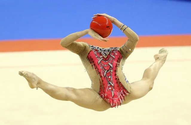 Israeli athlete Linoy Ashram in action during the European Rhythmic Gymnastics Championships in Varna, Bulgaria on June 12, 2021. Ashram won a total of one gold, two silver and one bronze medal at the games. (Photo by Spasiyana Sergieva/Reuters)