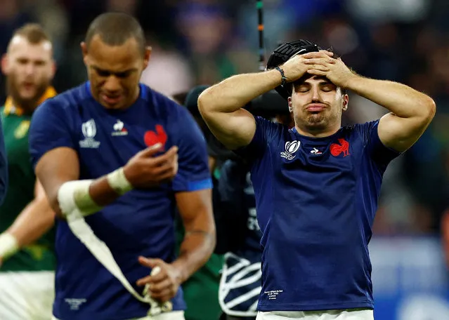 France's Antoine Dupont looks dejected after the Rugby World Cup 2023 France v South Africa quarter final match, at Stade de France, Saint-Denis, France on October 15, 2023. (Photo by Gonzalo Fuentes/Reuters)