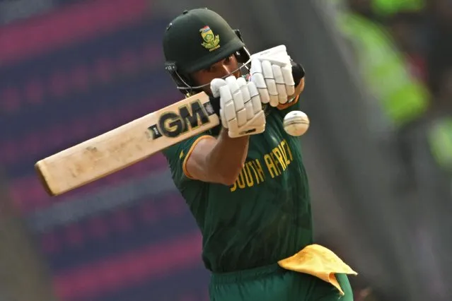 South Africa's captain Aiden Markram plays a shot during the 2023 ICC Men's Cricket World Cup one-day international (ODI) match between England and South Africa at the Wankhede Stadium in Mumbai on October 21, 2023. (Photo by Punit Paranjpe/AFP Photo)