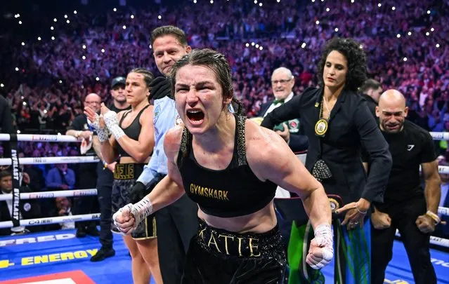 Irish professional boxer and former footballer Katie Taylor celebrates her victory over English professional boxer Chantelle Cameron and becoming a two Weight Unified champion at The 3Arena Dublin on November 25, 2023 in Dublin, Ireland. (Photo by Sportsfile)