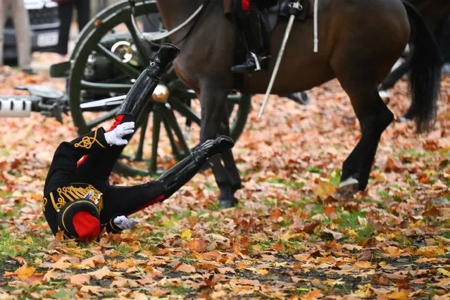A soldier reacts after falling off a horse as members of the King's Troop, Royal Horse Artillery, arrive at Green Park for a gun salute celebrating the King's birthday in London on November 14, 2022. King Charles III is celebrating his first birthday as monarch as he turns 74. (Photo by Daniel Leal/AFP Photo)