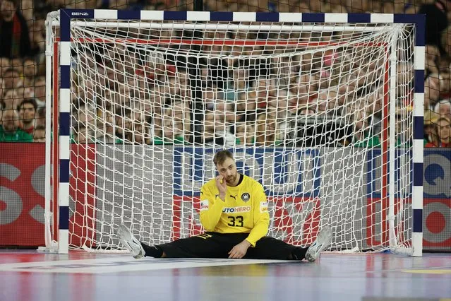 Germany's goalkeeper #33 Andreas Wolff reacts during the men's EURO 2024 EHF Handball European Championship match Group A between Germany and Switzerland in Dusseldorf, western Germany on January 10, 2024. (Photo by Odd Andersen/AFP Photo)