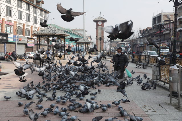 A man feed pigeons outside a closed market during lockdown in Srinagar, the summer capital of Indian Kashmir, 15 January 2022. Indian Kashmir is witnessing a huge spike in COVID-19 cases prompting the government to impose complete restrictions on non-essential movements during weekends in entire Jammu and Kashmir from this week. (Photo by Farooq Khan/EPA/EFE)