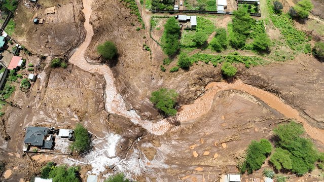 A drone view shows damaged houses after heavy flash floods wiped out several homes when a dam burst, following heavy rains in Kamuchiri village of Mai Mahiu, Nakuru County, Kenya on April 29, 2024. (Photo by Edwin Waita/Reuters)
