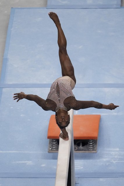 Simone Biles competes on the balance beam during the U.S. Gymnastics Championships, Sunday, June 2, 2024, in Fort Worth, Texas. (Photo by Tony Gutierrez/AP Photo)