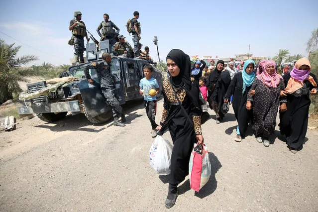 Iraqi families are pictured near al-Sejar village, in Iraq's Anbar province, after fleeing the city of Fallujah, on May 27, 2016, during a major operation by Pro-government forces to retake the city of Fallujah, from the Islamic State (IS) group. Hundreds of people fled the Fallujah area with the help of Iraqi forces, officials said. (Photo by Ahmad al-Rubaye/AFP Photo)