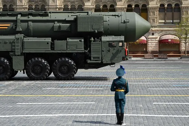 A Russian Yars intercontinental ballistic missile launcher parades through Red Square during the Victory Day military parade in central Moscow on May 9, 2022. Russia celebrates the 77th anniversary of the victory over Nazi Germany during World War II. (Photo by Kirill Kudryavtsev/AFP Photo)