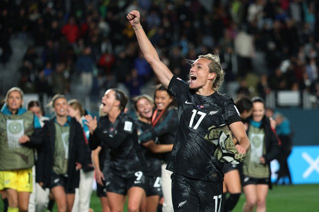 New Zealand's forward #17 Hannah Wilkinson celebrates after her team won the Australia and New Zealand 2023 Women's World Cup Group A football match between New Zealand and Norway at Eden Park in Auckland on July 20, 2023. (Photo by Marty Melville/AFP Photo)