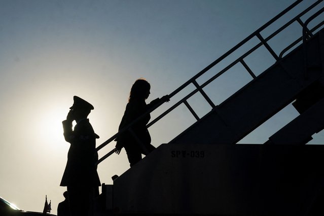 Democratic presidential nominee and U.S. Vice President Kamala Harris boards Air Force Two as she departs Los Angeles, California, U.S., September 29, 2024. (Photo by Kevin Lamarque/Reuters)