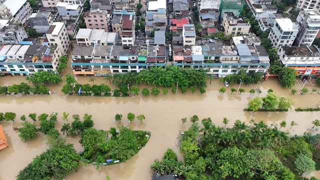 The water level of Wanquan River rises on October 30, 2024 in Qionghai, Hainan Province of China. Most areas of China's Hainan Province experienced heavy rainfall due to the lingering impact of Typhoon Trami. (Photo by Meng Zhongde/VCG via Getty Images)