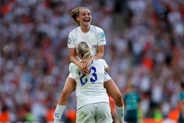 Ella Toone of England celebrates with team mate Alessia Russo following the final whistle of the UEFA Women's Euro England 2022 final match between England and Germany at Wembley Stadium on July 31, 2022 in London, England. (Photo by Tom Jenkins/The Guardian)