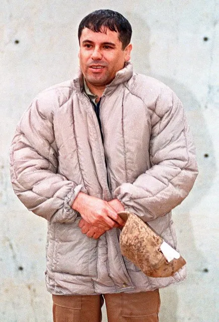 In this June 10, 1993 file photo, Mexican drug lord Joaquin “El Chapo” Guzman, is shown to the press after his arrest at the high security prison of Almoloya de Juarez, on the outskirts of Mexico City. Mexico's most powerful kingpin  won a two-year bloody battle for control of drug routes through the border city of Ciudad Juarez, U.S. intelligence has concluded, the latest indication that Joaquin “El Chapo” Guzman's Sinaloa cartel is coming out on top in the country's drug war.  (Photo by Damian Dovarganes/AP Photo)