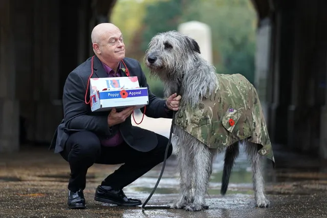 Royal British Legion ambassador Ross Kemp launches this year's London Poppy Day, with the Irish Guards mascot Irish Wolfhound Seamus, at Horse Guards Parade, London on Thursday, November 3, 2022. (Photo by Kirsty O'Connor/PA Wire Press Association)
