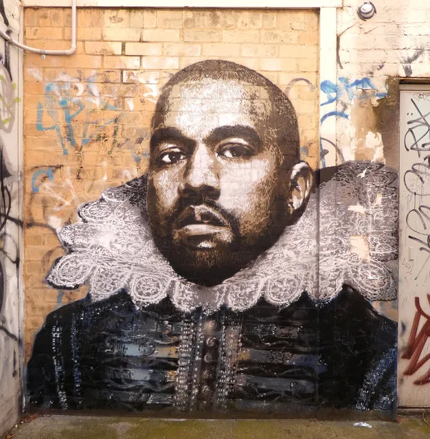 23rd Key, Ringwood. Jess Kease, working under the pseudonym 23rd Key, won the prestigious Australian stencil art prize in 2011. She cuts finely detailed stencils and uses them to create multi-layered works. This portrait of rapper Kanye West conflates the celebrity with William Shakespeare. Kease is one of the few women working in this largely male-dominated medium, and her work is often impressive in size, as with this wall-sized image. (Photo by Lou Chamberlin/The Guardian)